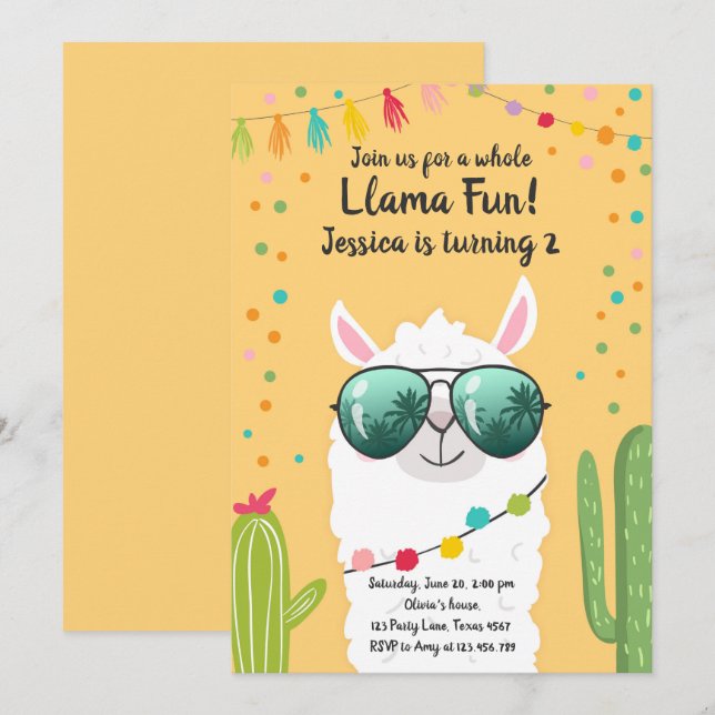 Convites Llama Fiesta Birthday Alpaca Fiesta Yellow Girl (Frente/Verso)