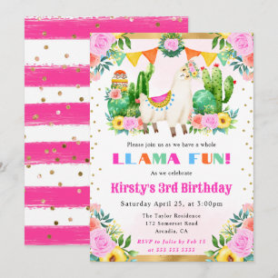 Convites Llama Floral de Verão em Aquarela para Aniversário