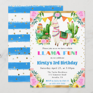Convites Llama Floral de Verão em Aquarela para Aniversário