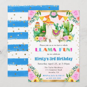 Convites Llama Floral de Verão em Aquarela para Aniversário
