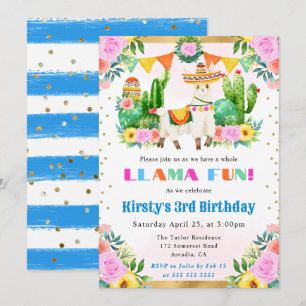 Convites Llama Floral de Verão em Aquarela para Aniversário
