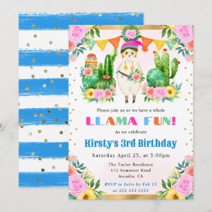 Convites Llama Floral de Verão em Aquarela para Aniversário
