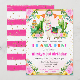 Convites Llama Floral de Verão em Aquarela para Aniversário