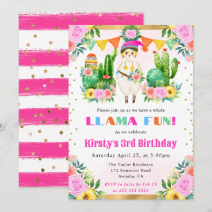 Convites Llama Floral de Verão em Aquarela para Aniversário