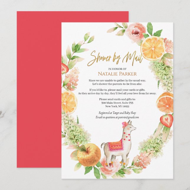 Convites Llama Mama Floral Greenery Chá de fraldas por Mail (Frente/Verso)