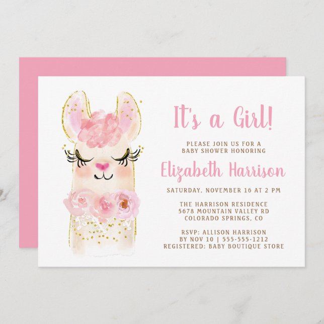 Convites Llama Mama Rosa, Chá de Garota Rosa (Frente/Verso)