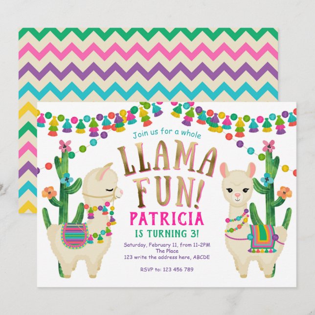 Convites Llama, mexicano, FIesta, Cute, Aniversário (Frente/Verso)