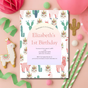 Convites Llama Rosa e Cacto Verde Aniversário de Menina Fof
