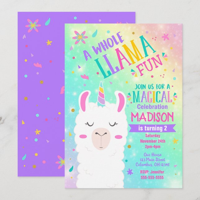 Convites Llama Unicorn Aniversário do Partido Magnético (Frente/Verso)