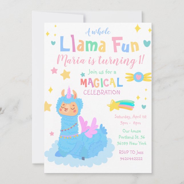 Convites Llamacorn Festa mágica Llama diversão Aniversário (Frente)
