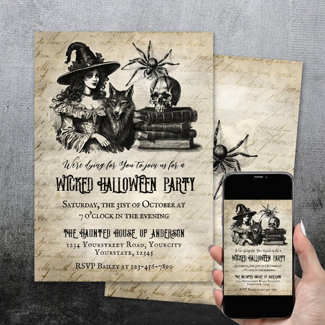 Convites Lobo-aranha-do-mato-bruxas-gótico (Halloween party invite with witch wolf skull spider.)