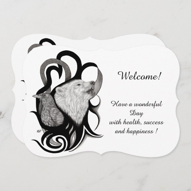 Convites Lobo Branco com Raven, adicione seu texto (Frente/Verso)