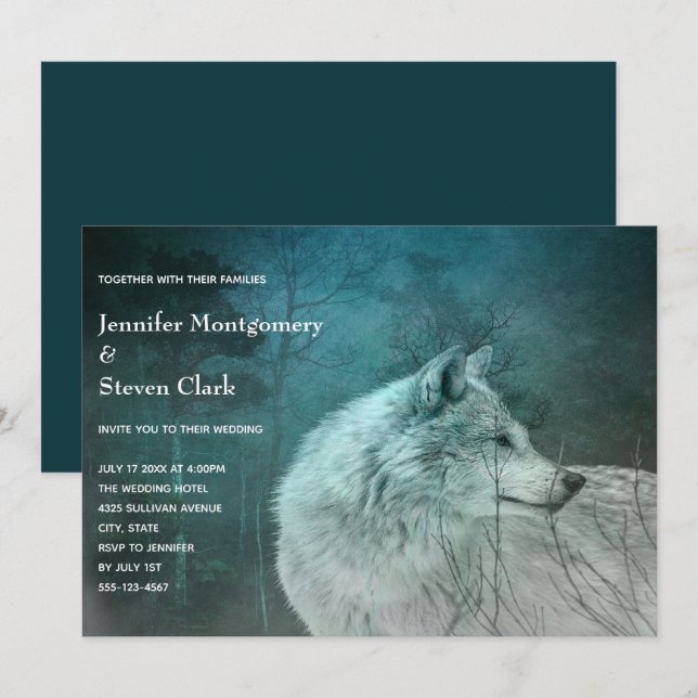 Convites Lobo de Cinza Bonito num Casamento de Floresta Esc (Frente/Verso)