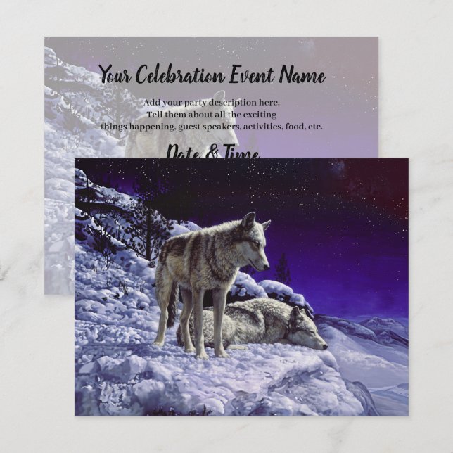 Convites Lobos cinzas na neve de inverno à noite (Frente/Verso)