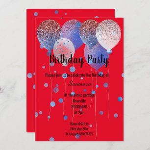 CONVITES LOCAL BRANCO VERMELHO E AZUL BALÃO DE ANIVERSÁRIO