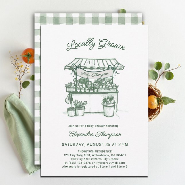 Convites Locally Grown Farmer Market Sage Green Baby Shower (locally grown baby shower invitation sprout produce watercolor farmers market stand green gingham)