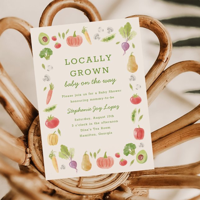 Convites Locally Grown Farmer's Market Veggies Baby Shower (Locally Grown baby shower invitation with hand-drawn watercolour vegetables)