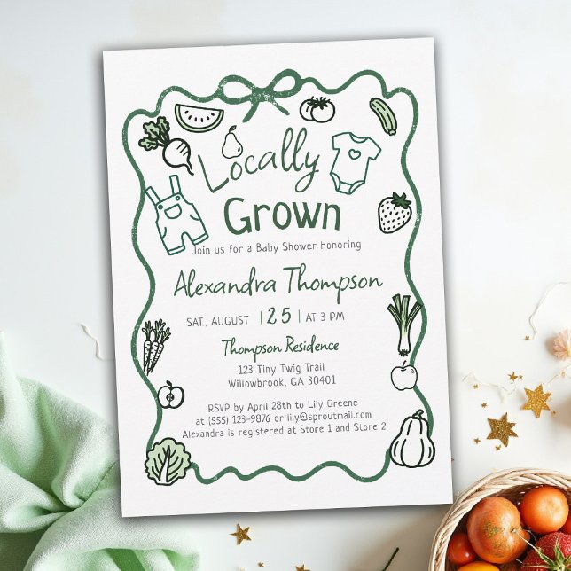 Convites Locally Grown Hand Drawn Bow Clothes Baby Shower (locally grown baby shower invitation hand drawn bow frame produce farm fresh green clothes)