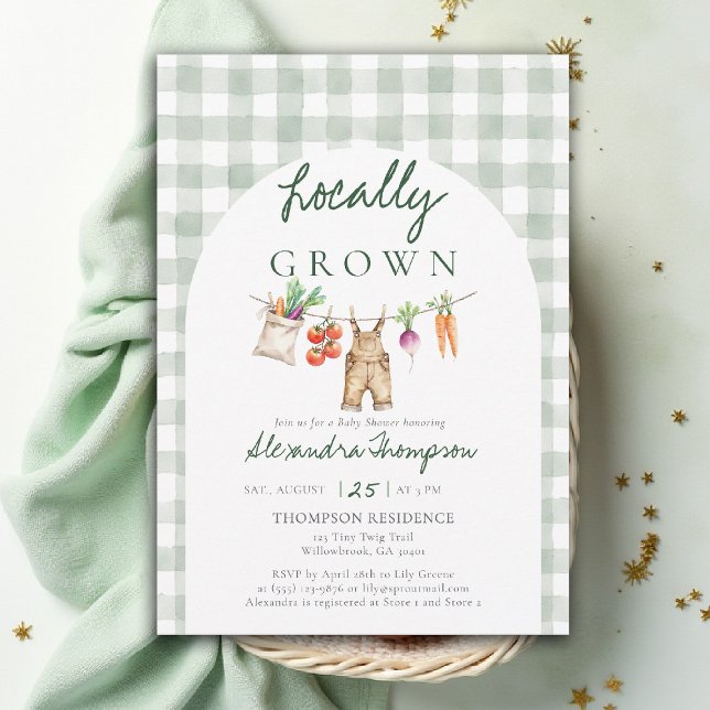 Convites Locally Grown Produce Clothes Line Baby Shower (locally grown baby shower invitation clothes line overalls produce watercolor green gingham arch)