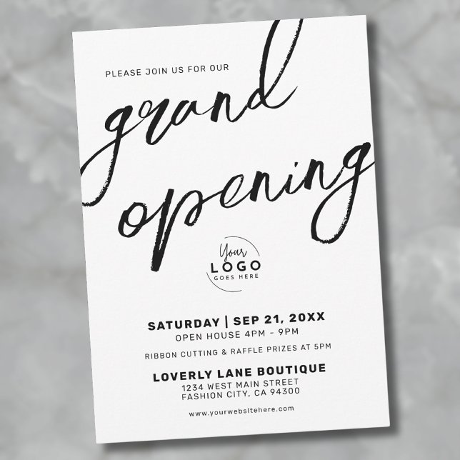 Convites Logotipo branco preto Grande Abertura da Empresa (Black White Logo Business Grand Opening Invitation)