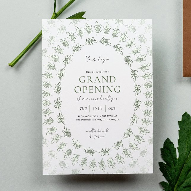 Convites Logotipo comercial Elegante de grande abertura em  (Elegant greenery business grand opening invitation design with fully editable text)