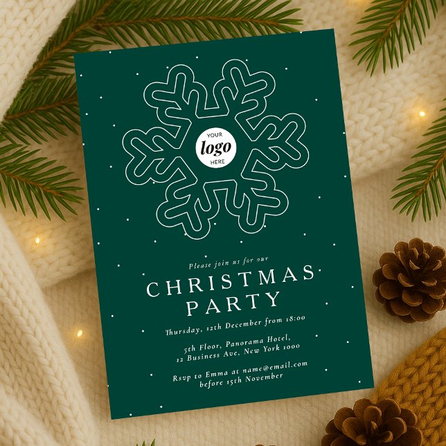Convites Logotipo comercial - Empresa verde do Partido Nata (Company Christmas Party Invitation in green and white with snowflake detail and your logo)