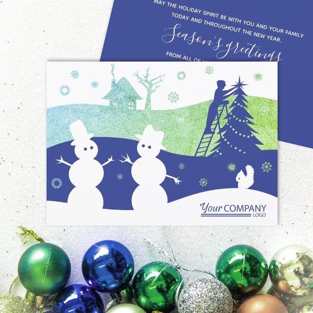 Convites Logotipo da empresa Snowmen verde-azul-claro (bright blue green company business logo holiday christmas xmas greeting cards for clients employees)