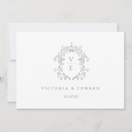 Convites Logotipo de Casamento Dusty Blue Crest Monograma