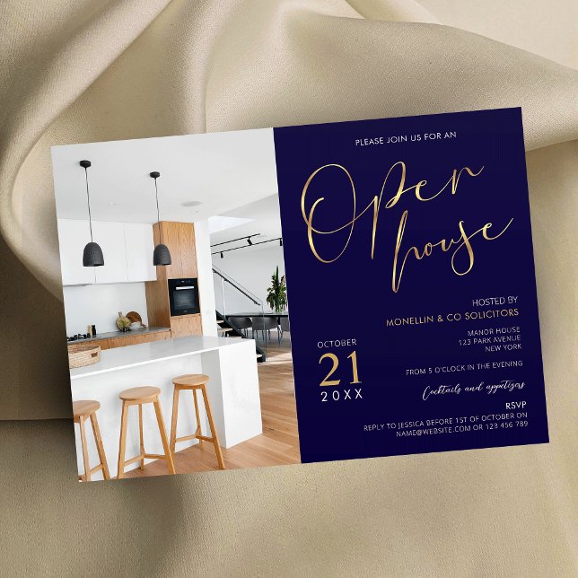 Convites Logotipo de empresa azul e Dourado do marinho Foto (Elegant navy blue & gold open house photo invitation for your event)
