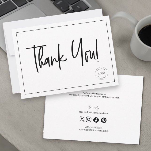 Convites Logotipo de Empresa Preto e Branco Simples Obrigad (Modern handlettering script thank you business message card.)