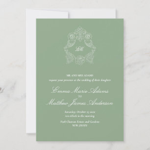 Convites Logotipo de Monograma Crest Verde Sage Casamento