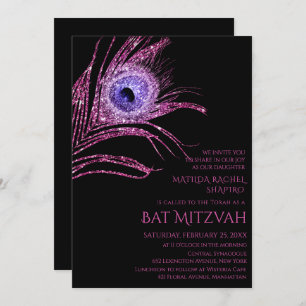 Convites Logotipo do Pacock Feather Glitter Rosa Bat Mitzva