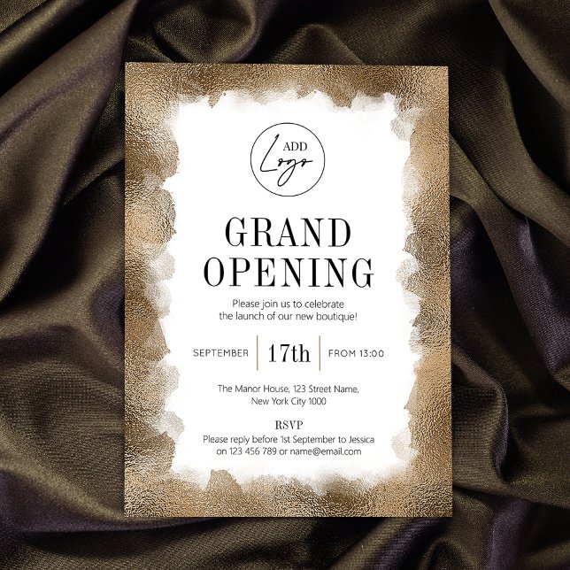Convites Logotipo moderno Glitter Dourado de grande abertur (Professional business grand opening invitations with gold glitter and fully editable text & logo)