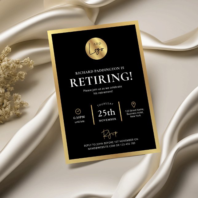 Convites Logotipo Preto e Dourado - Parte de aposentadoria  (Modern black and gold effect retirement party invitations with space for your logo)