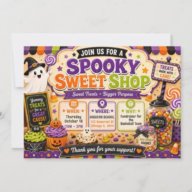 Convites Loja de Doces Assustadores de Halloween (Frente)