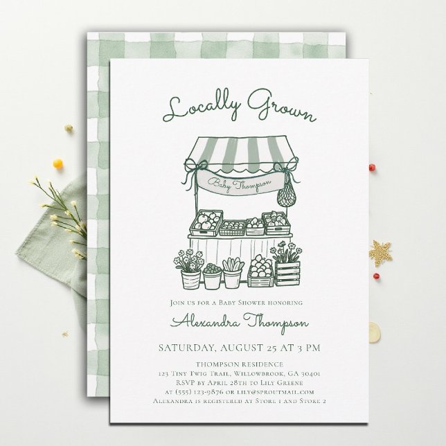 Convites Loja de Mercado Local de Bebê Verde (locally grown baby shower invitation sprout produce watercolor farmers market stand gingham sage)