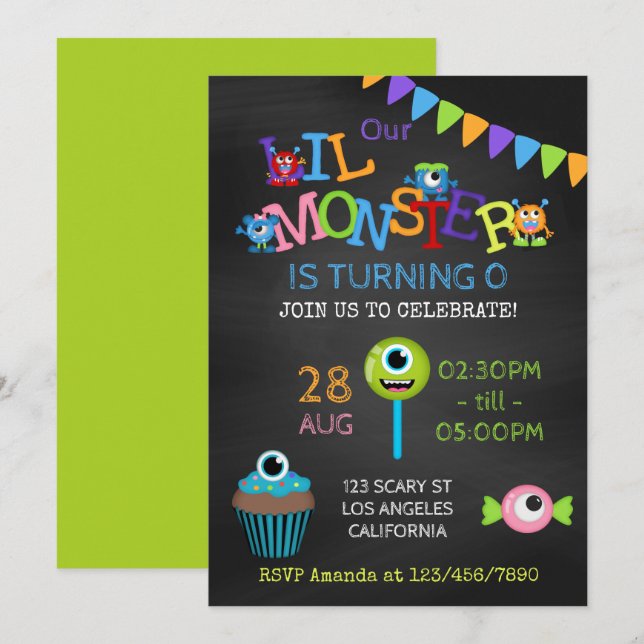 Convites Loja Little Monster de qualquer idade Chalkboard (Frente/Verso)