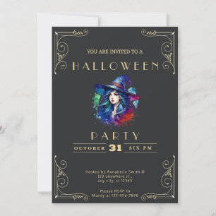 Convites Loja Preta e Dourada Bruxa Arco-íris Halloween Em