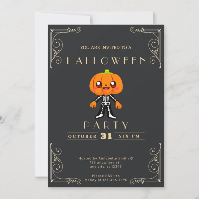 Convites Loja Quadro Negro & Dourado Abóbora Fofa Halloween (Frente)