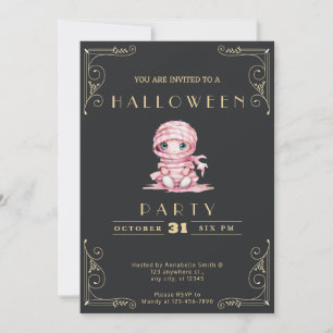 Convites Loja Quadro Preto e Dourado Múmia Rosa Halloween