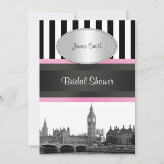 Convites London Skyline BW Blk Whp Strp Pink Bridal Shwr