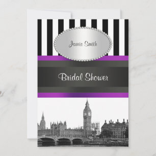 Convites London Skyline BW Blk Whp Strp Purple Bridal Shwr