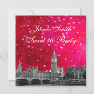Convites Londres Reino Unido Skyline Hot Pink Red Heart Swe