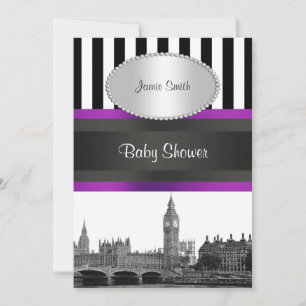 Convites Londres Skyline BW Blk Whp Strp Purple Chá de fral