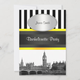 Convites Londres Skyline BW Blk Wht Strp Ylo P Bachelorette