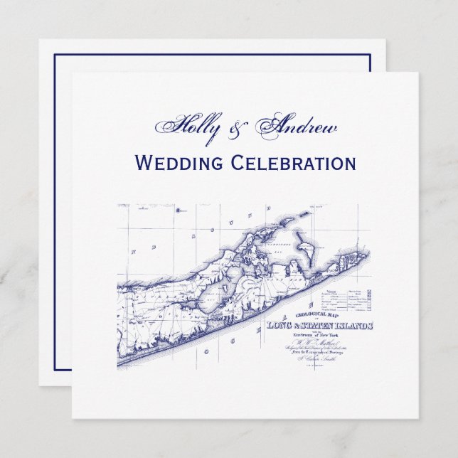 Convites Long Island The Hamptons Map SQ Wedding (Frente/Verso)