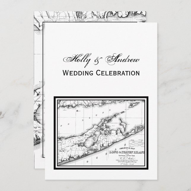 Convites Long Island The Hamptons Map VC Wedding Black (Frente/Verso)