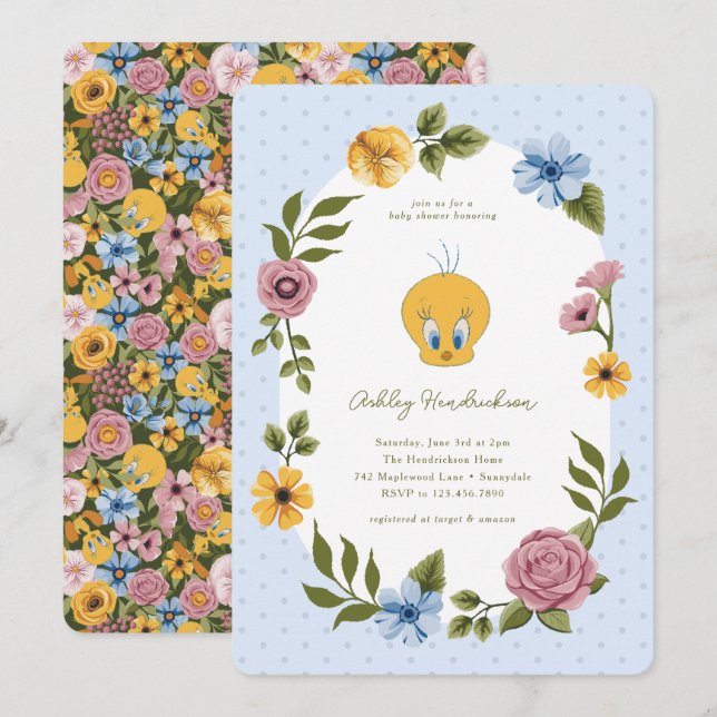 Convites LOONEY TUNES™ | TWEETY™ Chá de Bebê Floral (Frente/Verso)