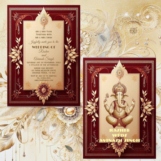 Convites Lorde Ganesha Floral Maroon Grande Indiano (Auspicious Lord Ganesha Floral Maroon Grand Indian Invitation)