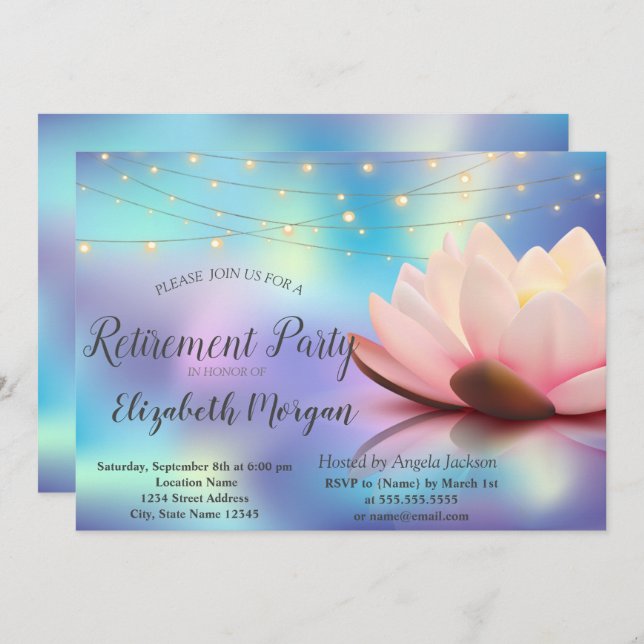 Convites Lotus String Lights Holographic Retirement Party (Frente/Verso)